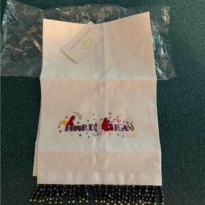 Mardi Gras Embroidered White Towel with Beaded Fringe